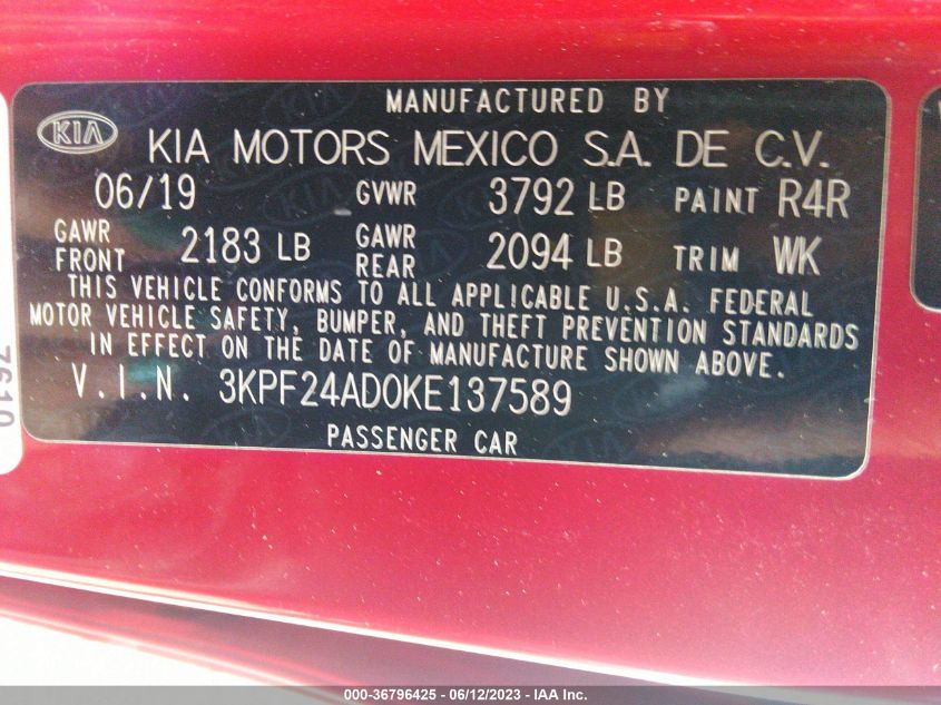 2019 KIA FORTE LXS - 3KPF24AD0KE137589