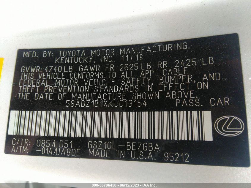 2019 LEXUS ES ES 350 - 58ABZ1B1XKU013154