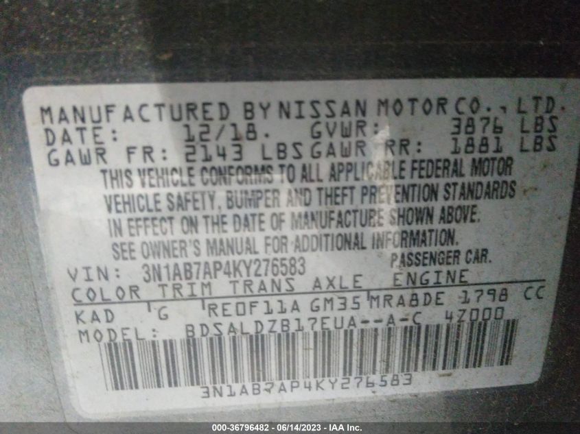 2019 NISSAN SENTRA SV - 3N1AB7AP4KY276583