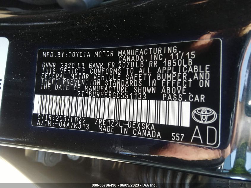 2016 TOYOTA COROLLA L/LE/S/S PLUS/LE PLUS - 2T1BURHE8GC551133