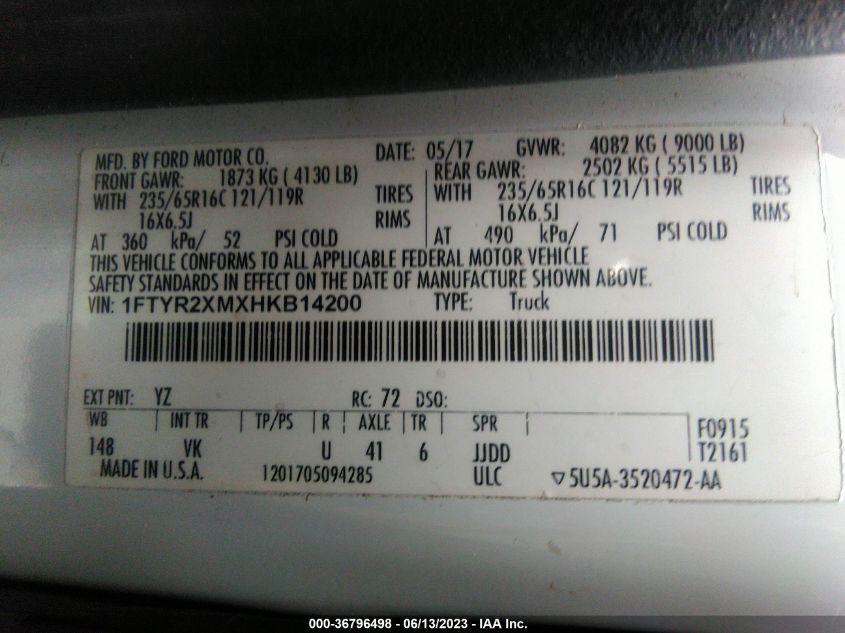 2017 FORD TRANSIT VAN - 1FTYR2XMXHKB14200