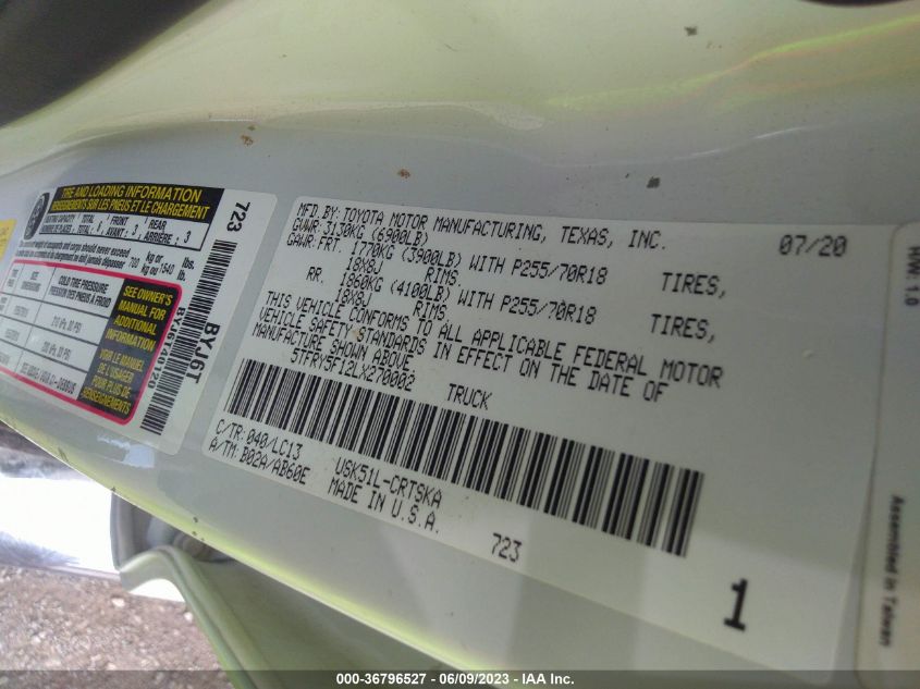 2020 TOYOTA TUNDRA 2WD SR/SR5 5TFRY5F12LX270002