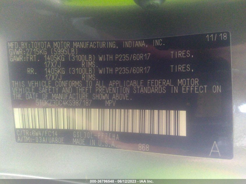 2019 TOYOTA SIENNA LE - 5TDKZ3DC4KS987187