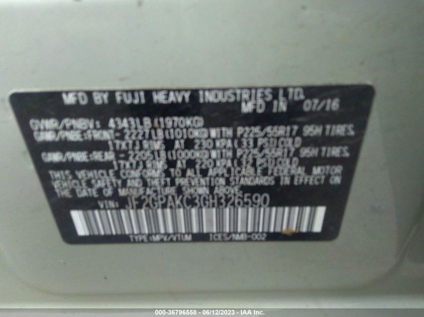 2016 SUBARU CROSSTREK LIMITED - JF2GPAKC3GH326590