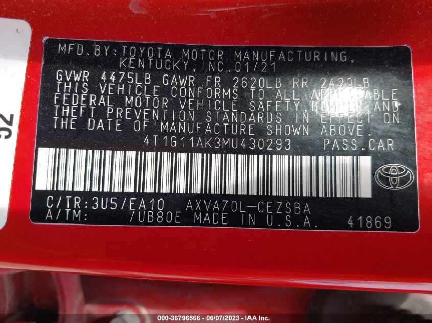 2021 TOYOTA CAMRY SE - 4T1G11AK3MU430293