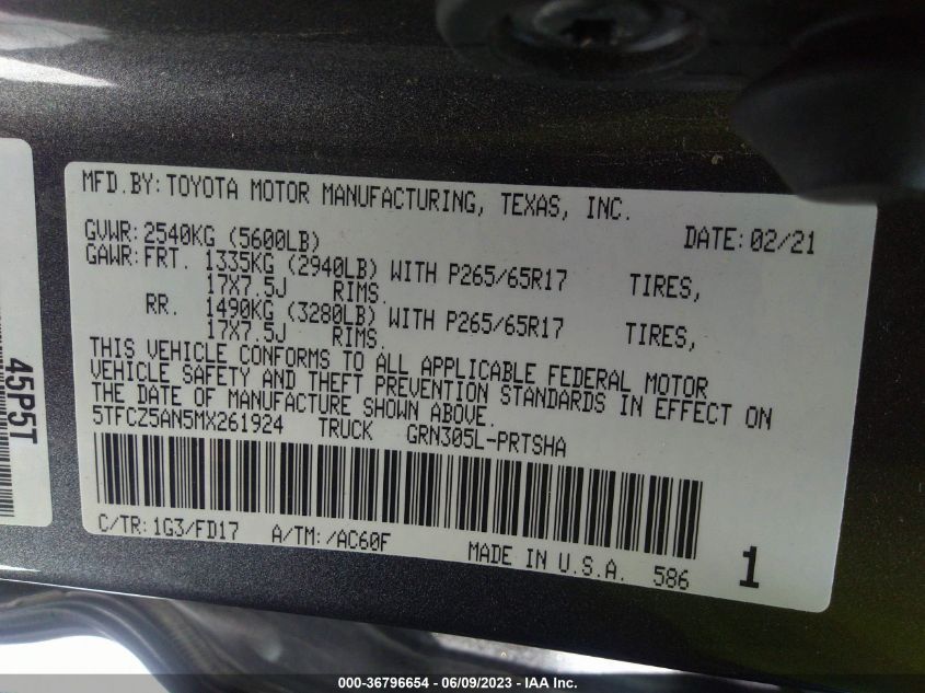 2021 TOYOTA TACOMA 4WD SR/SR5/TRD SPORT - 5TFCZ5AN5MX261924