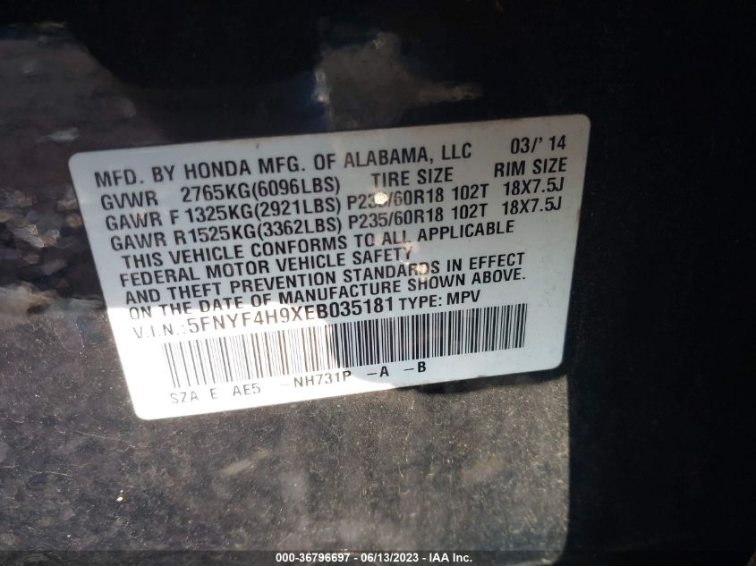 2014 HONDA PILOT TOURING - 5FNYF4H9XEB035181