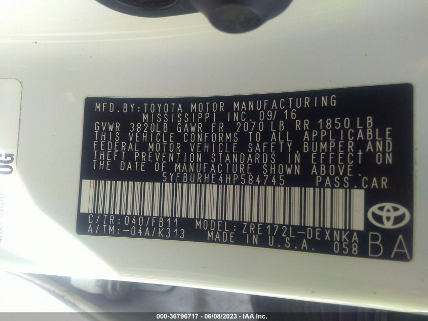 2017 TOYOTA COROLLA L/LE/XLE/SE/XSE - 5YFBURHE4HP584745