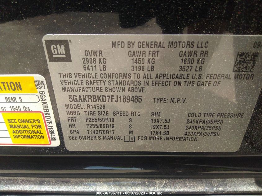 2015 BUICK ENCLAVE - 5GAKRBKD7FJ189485