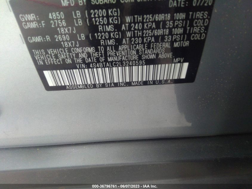 2020 SUBARU OUTBACK LIMITED - 4S4BTALC2L3240595