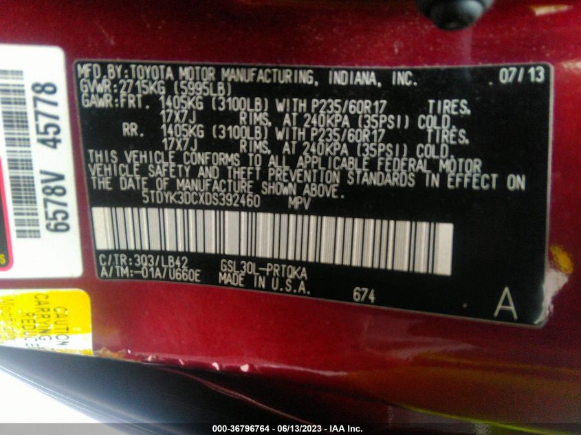 2013 TOYOTA SIENNA XLE AAS/XLE/LTD - 5TDYK3DCXDS392460