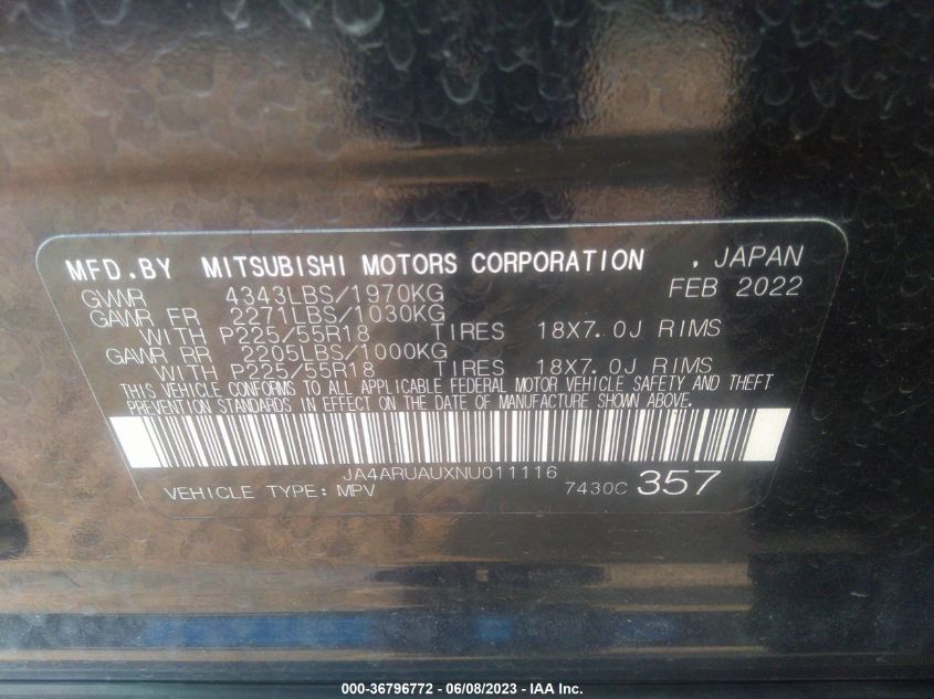 2022 MITSUBISHI OUTLANDER SPORT ES/LE/BE/SE/SE SPECIAL ED - JA4ARUAUXNU011116