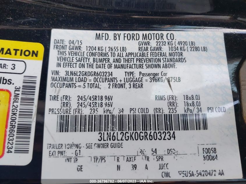 2016 LINCOLN MKZ - 3LN6L2GK0GR603234