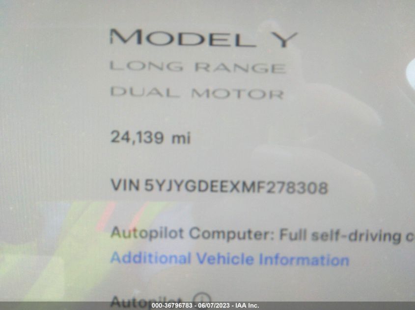 2021 TESLA MODEL Y LONG RANGE - 5YJYGDEEXMF278308