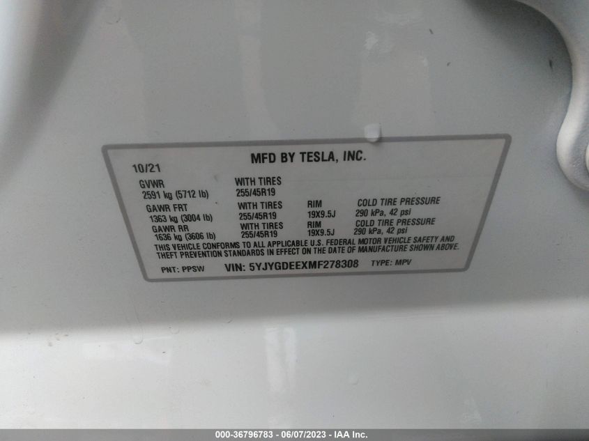 2021 TESLA MODEL Y LONG RANGE - 5YJYGDEEXMF278308