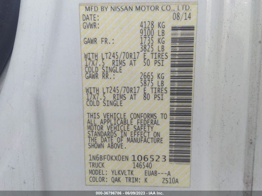 2014 NISSAN NV SV 1N6BF0KX0EN106523