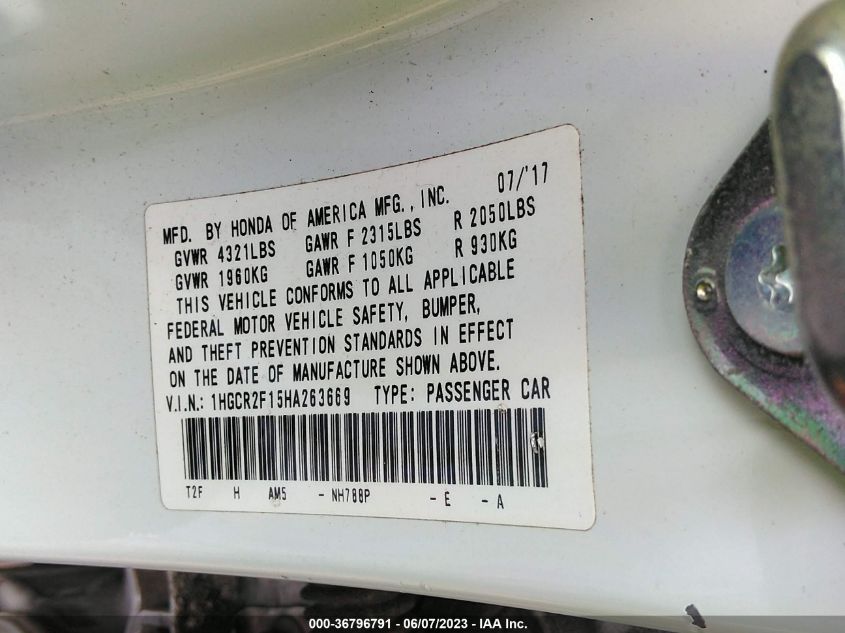 2017 HONDA ACCORD SEDAN SPORT SE - 1HGCR2F15HA263669