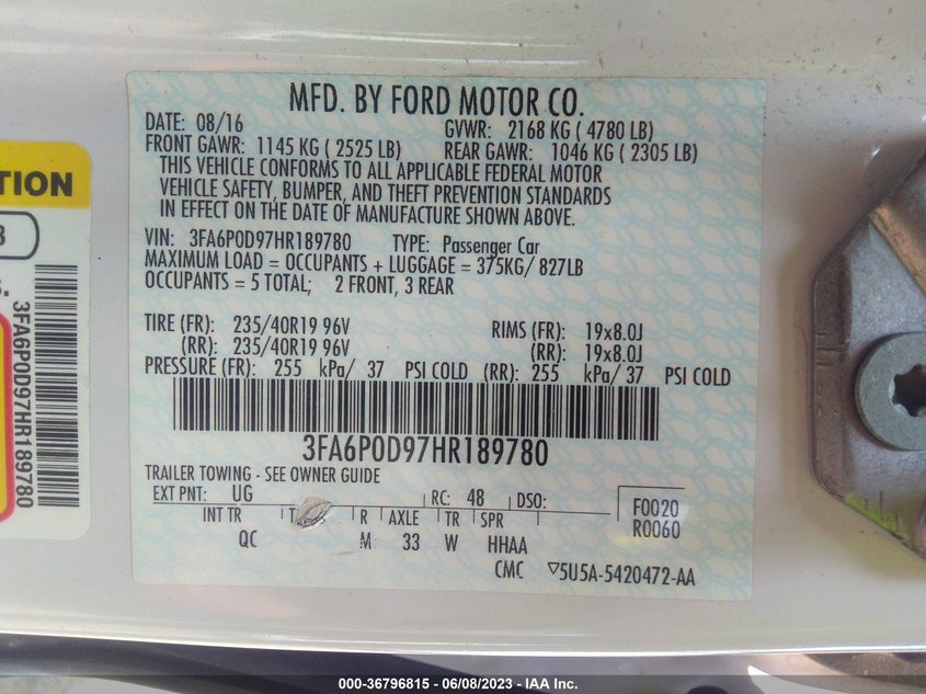 VIN 3FA6P0D97HR189780 2017 FORD FUSION TITANIUM