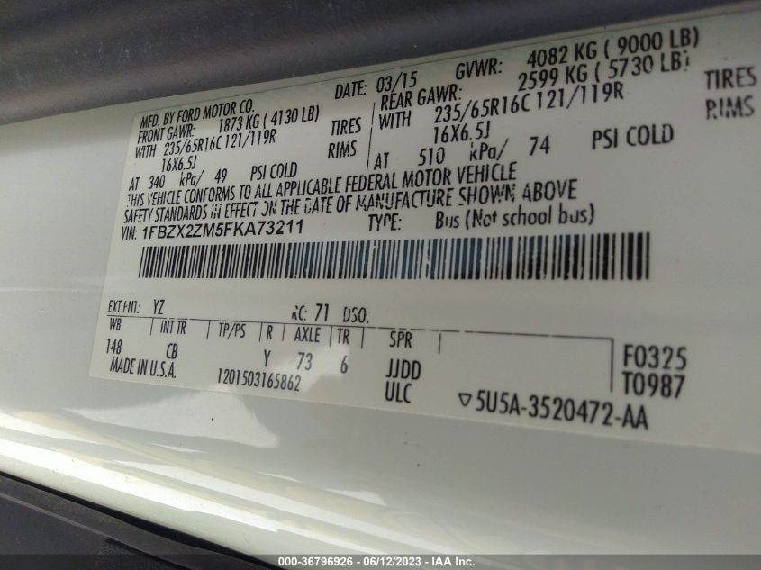 2015 FORD TRANSIT WAGON XL/XLT - 1FBZX2ZM5FKA73211