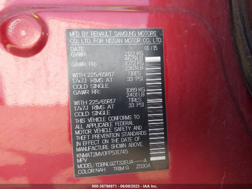 2015 NISSAN ROGUE S/SL/SV - KNMAT2MV0FP531745