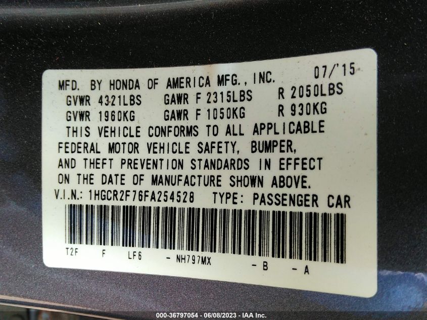 2015 HONDA ACCORD SEDAN EX - 1HGCR2F76FA254528