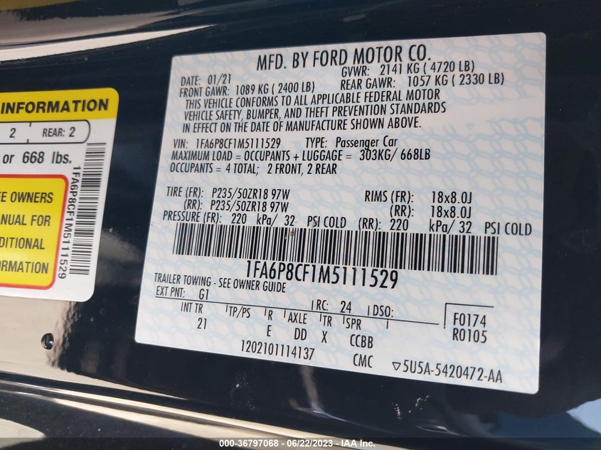 VIN 1FA6P8CF1M5111529 2021 FORD MUSTANG GT