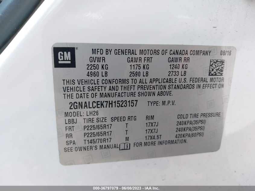 2017 CHEVROLET EQUINOX LT - 2GNALCEK7H1523157