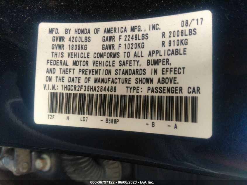 2017 HONDA ACCORD SEDAN LX - 1HGCR2F35HA284488