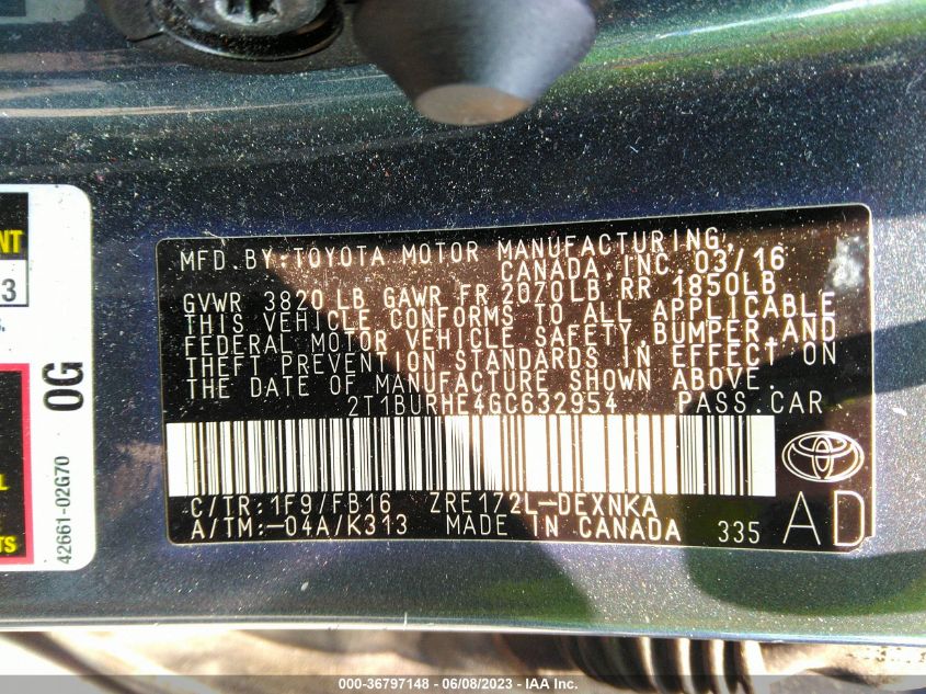 2016 TOYOTA COROLLA L/LE/LE PLS/PRM/S/S PLS - 2T1BURHE4GC632954