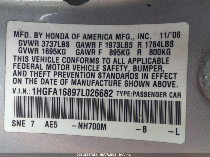 1HGFA16897L026682 | 2007 HONDA CIVIC