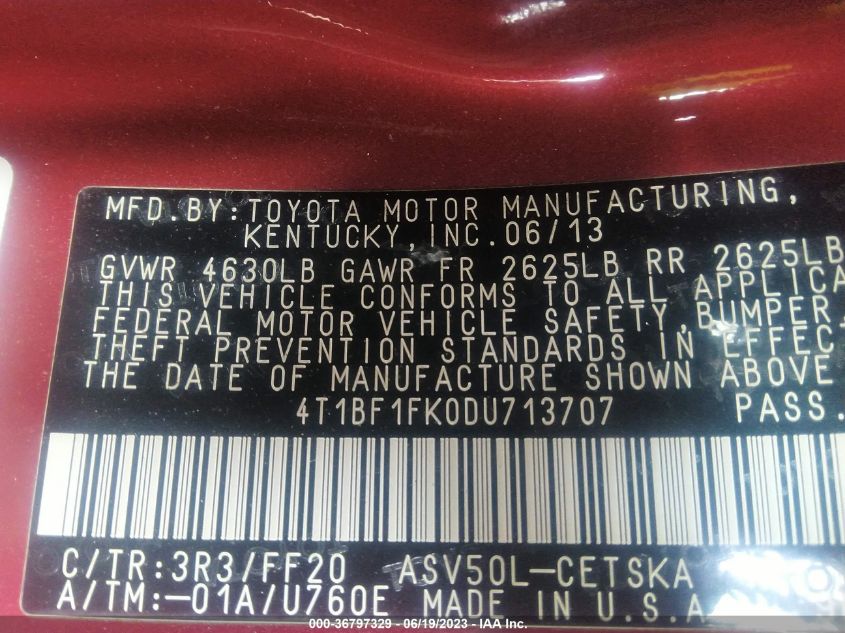 2013 TOYOTA CAMRY L/LE/SE/XLE - 4T1BF1FK0DU713707