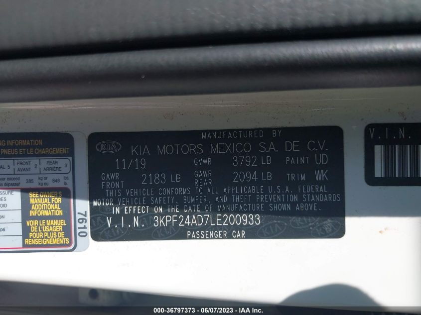 2020 KIA FORTE LXS - 3KPF24AD7LE200933