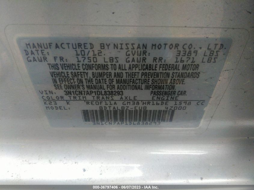 2013 NISSAN VERSA SV - 3N1CN7AP1DL838293