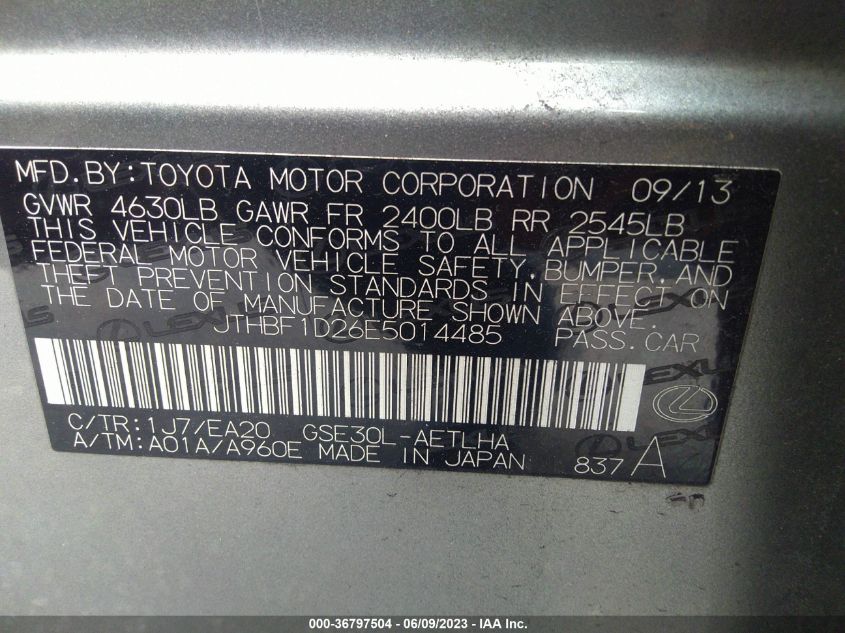 2014 LEXUS IS 250 - JTHBF1D26E5014485