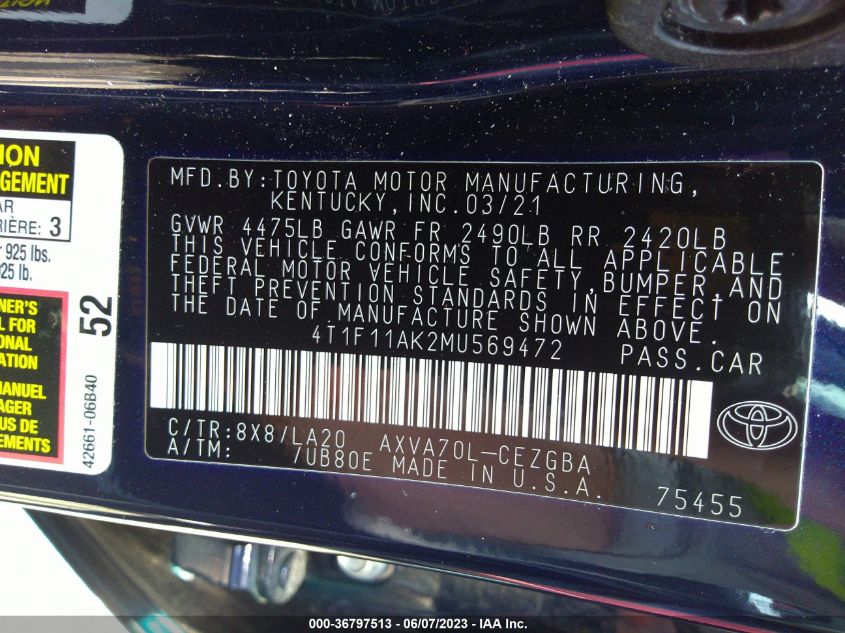 2021 TOYOTA CAMRY XLE - 4T1F11AK2MU569472