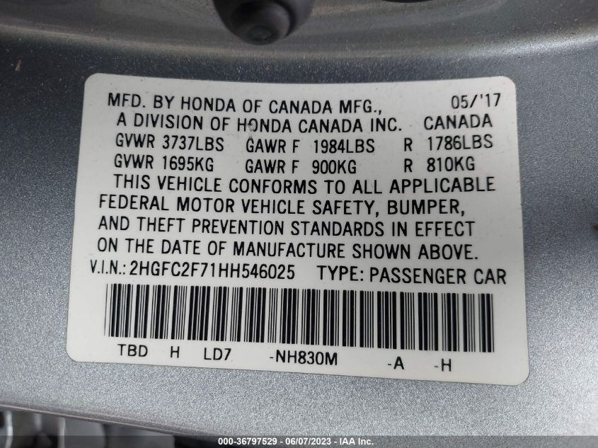 2017 HONDA CIVIC SEDAN EX - 2HGFC2F71HH546025