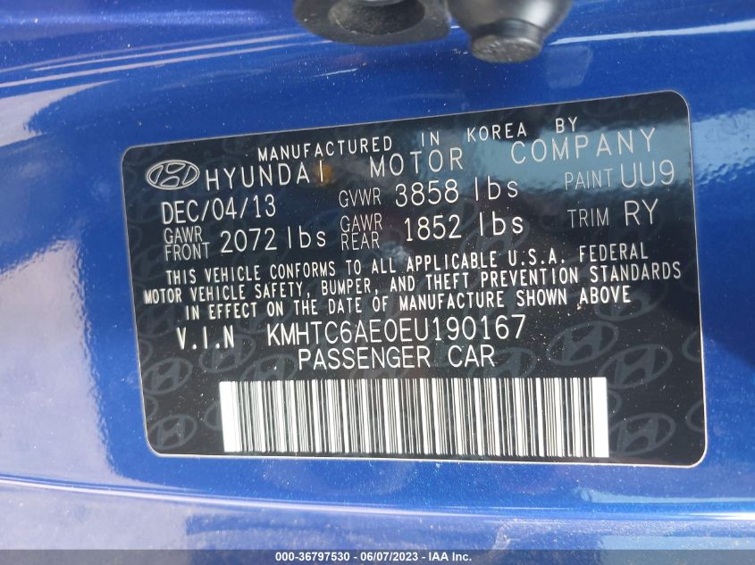 2014 HYUNDAI VELOSTER TURBO - KMHTC6AE0EU190167