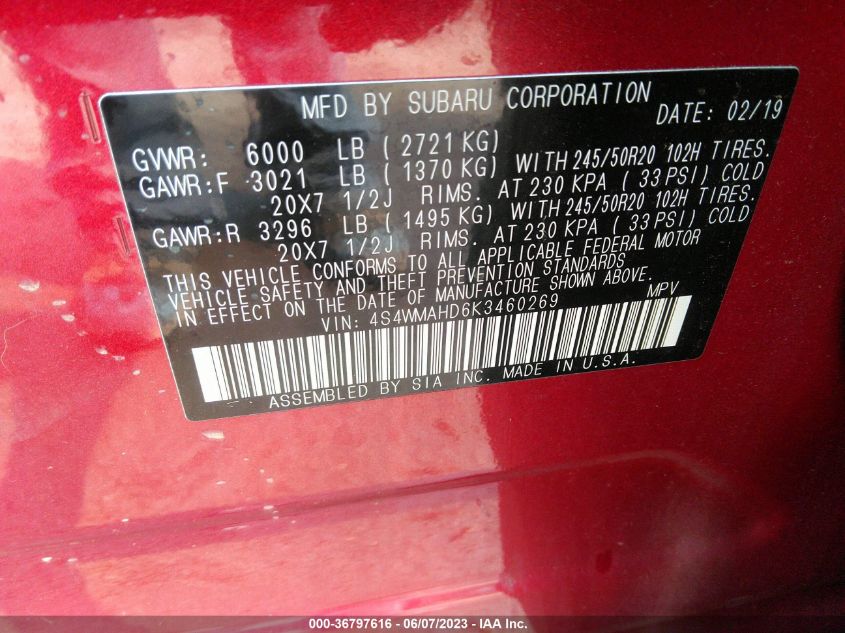 2019 SUBARU ASCENT PREMIUM - 4S4WMAHD6K3460269