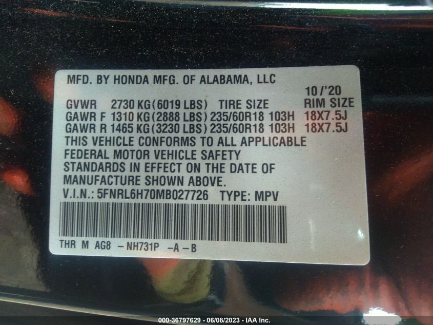 2021 HONDA ODYSSEY EX-L - 5FNRL6H70MB027726