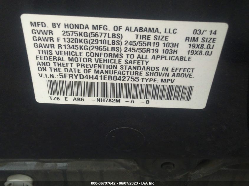 2014 ACURA MDX TECH PKG - 5FRYD4H41EB042755