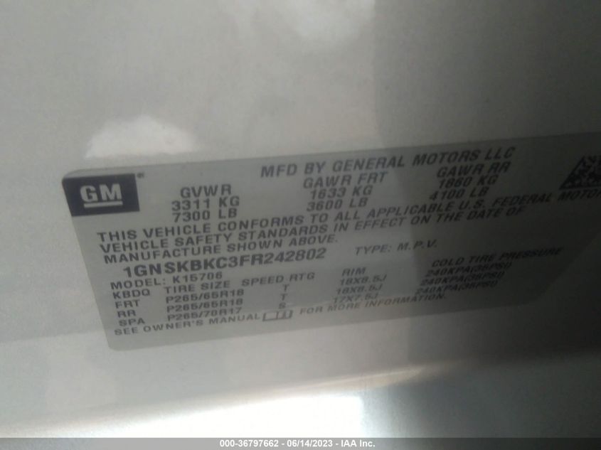 2015 CHEVROLET TAHOE LT - 1GNSKBKC3FR242802