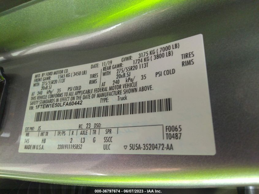 2020 FORD F-150 XL/XLT/LARIAT - 1FTEW1E50LFA60442