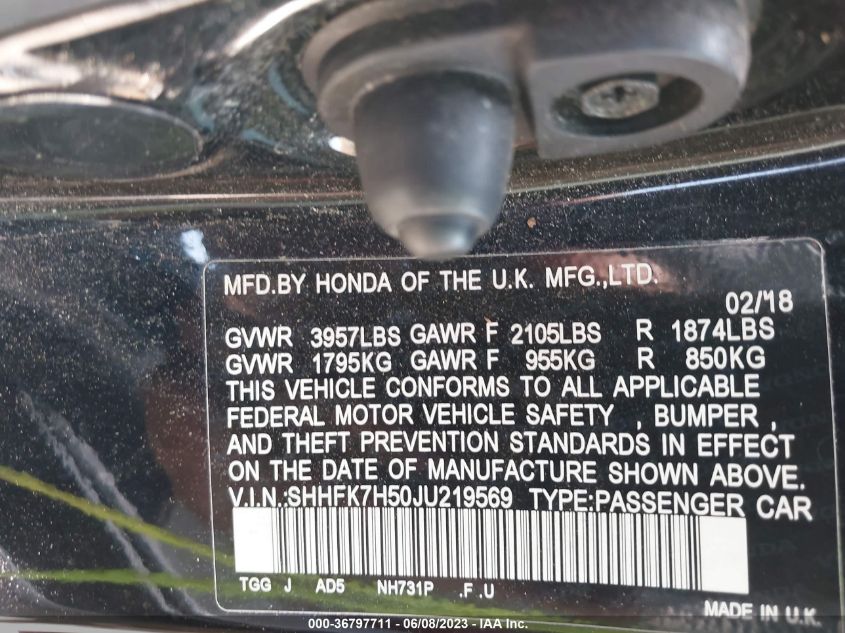2018 HONDA CIVIC HATCHBACK EX - SHHFK7H50JU219569