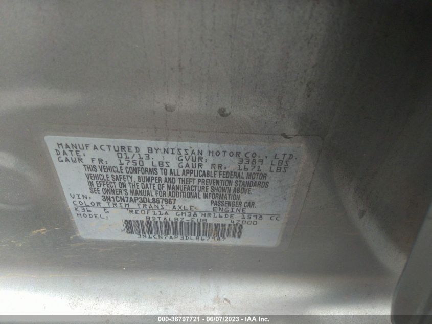 2013 NISSAN VERSA SV - 3N1CN7AP3DL867987