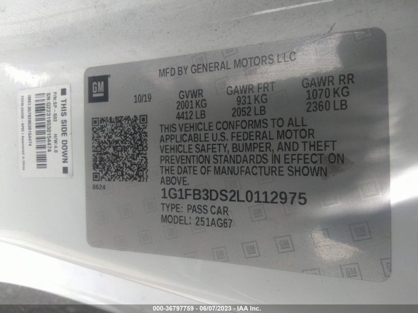 2020 CHEVROLET CAMARO 1LT - 1G1FB3DS2L0112975