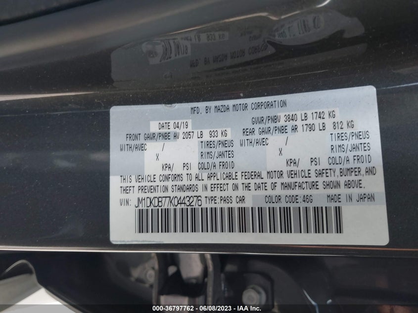 VIN JM1DKDB77K0443276 2019 MAZDA CX-3 SPORT