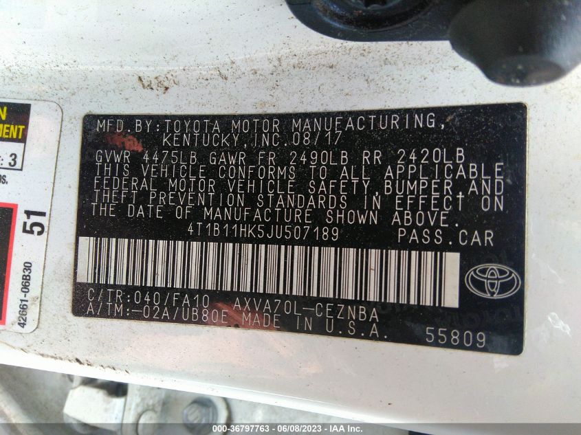 2018 TOYOTA CAMRY L/LE/XLE/SE/XSE - 4T1B11HK5JU507189