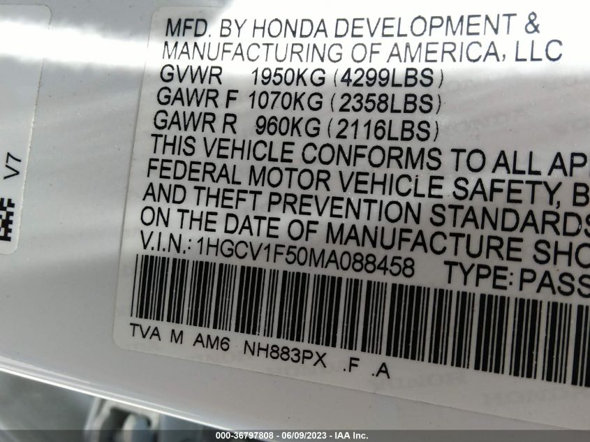 2021 HONDA ACCORD SEDAN EX-L - 1HGCV1F50MA088458