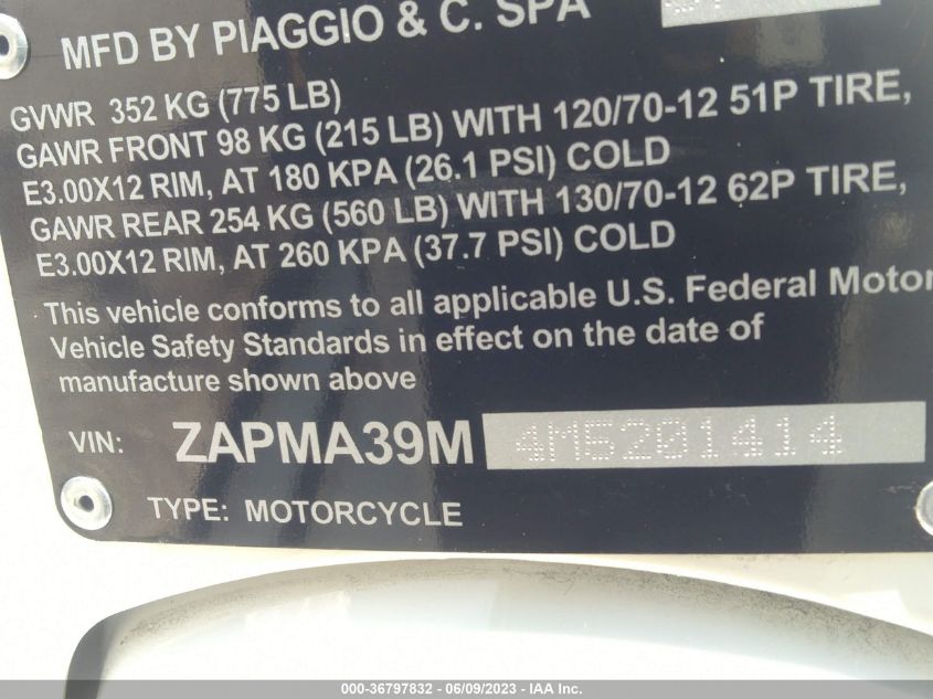2021 PIAGGIO VESPA ZAPMA39M4M5201414