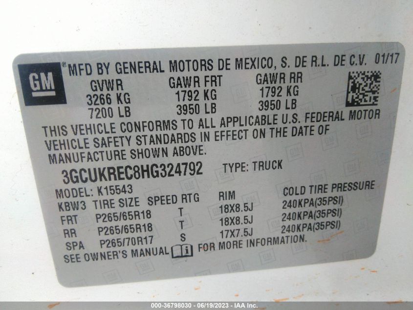 2017 CHEVROLET SILVERADO 1500 LT - 3GCUKREC8HG324792